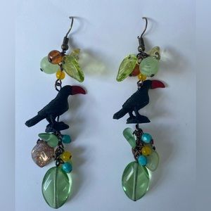 Bird black red beak flying dangle earrings animal Amazon jungle beads unique